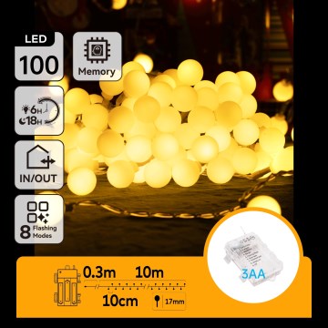 Aigostar - LED Уличная  гирлянда 100xLED/3xAA/8 функций 10,3 м IP44 тёплая белая