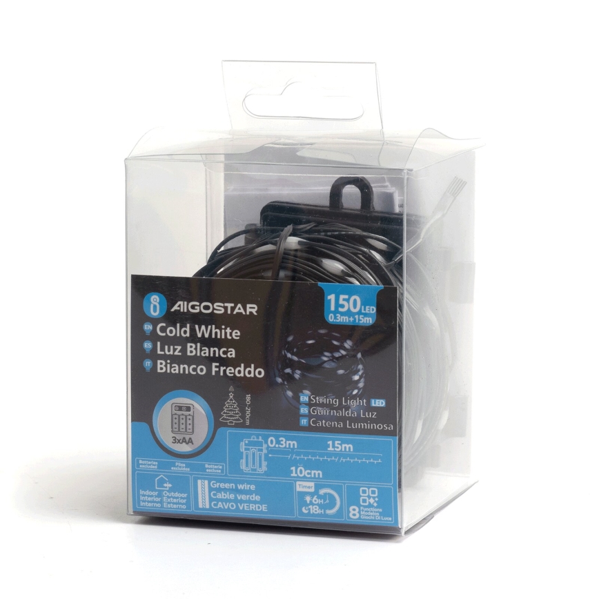 Aigostar - Светодиодная уличная рождественская гирлянда 150 LED/8 режимов/3xAA 15,3 м IP44 холодный белый