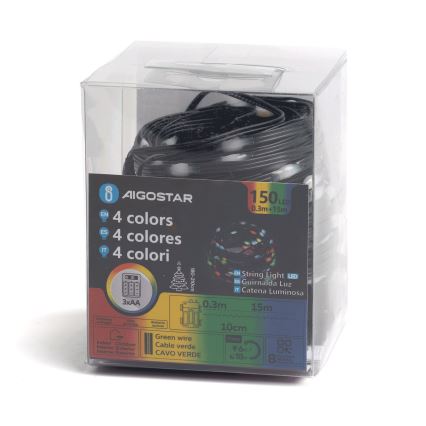 Aigostar - Светодиодная уличная рождественская гирлянда 150xLED/8 функций 3xAA 15,3 м IP44 многоцветная