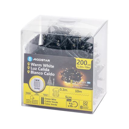 Aigostar - уличная LED-гирлянда 200xLED/8 режимов, питание 3xAA, длина 10,3 м, IP44, тёплый белый
