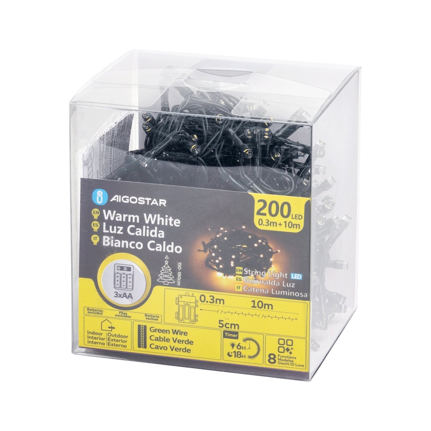 Aigostar - уличная LED-гирлянда 200xLED/8 режимов, питание 3xAA, длина 10,3 м, IP44, тёплый белый