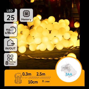 Aigostar-LED Уличная  гирлянда 25xLED/3xAA/8 функций 2,8 m IP44 тёплый белый