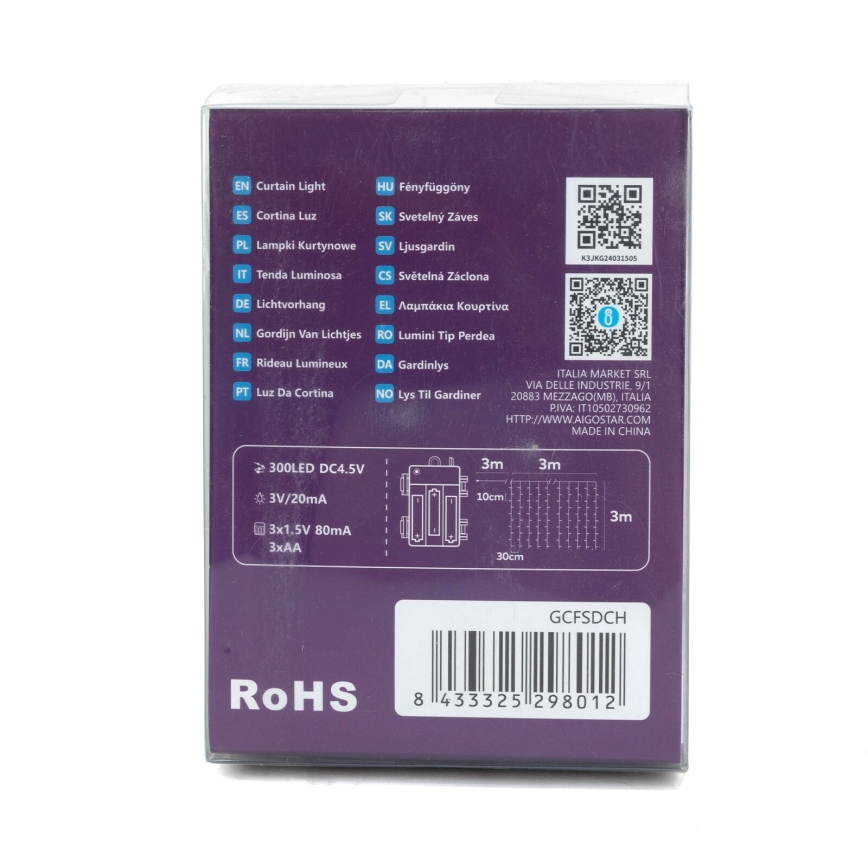 Aigostar-LED Наружная рождественская гирлянда 300xLED/8 функций 3xAA 6x2м IP44 холодный белый