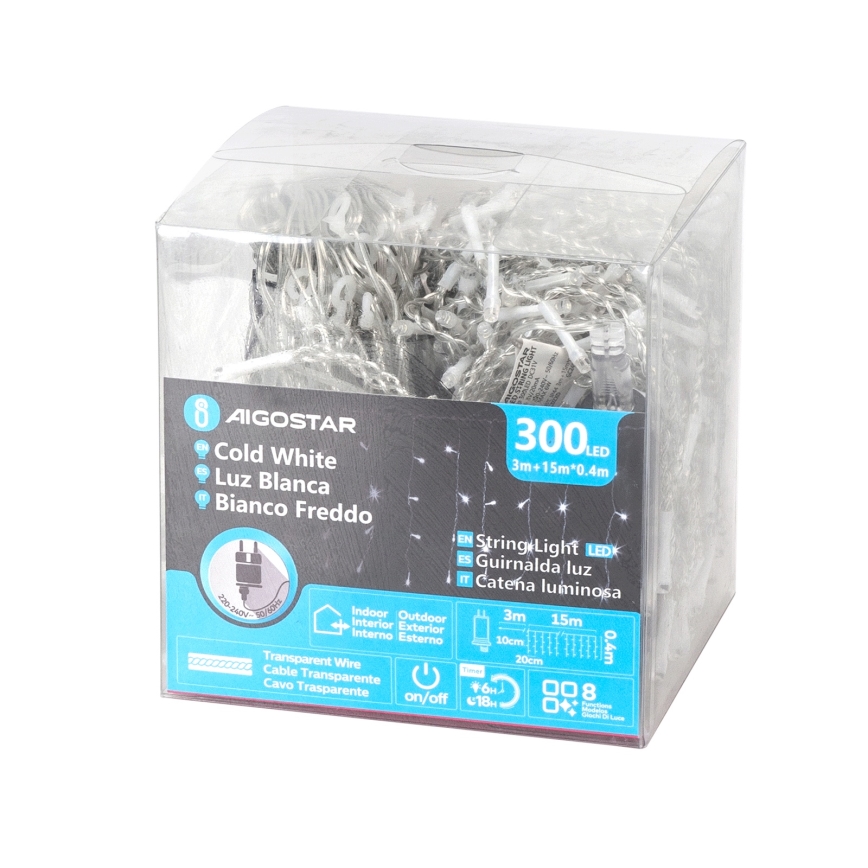 Aigostar - LED уличная гирлянда 300xLED/8 функций 15x0,4 m IP44 холодный белый