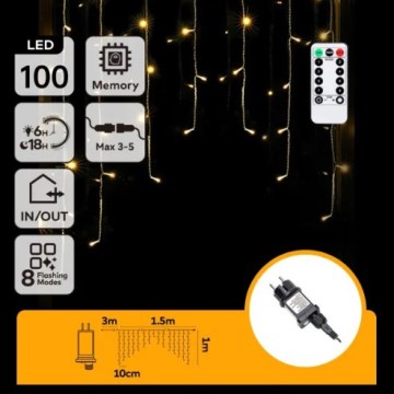 Aigostar - LED уличная новогодняя гирлянда 100xLED/6W/230V/8функций 1,5x1m IP44 тёплый белый + пульт дистанционного управления