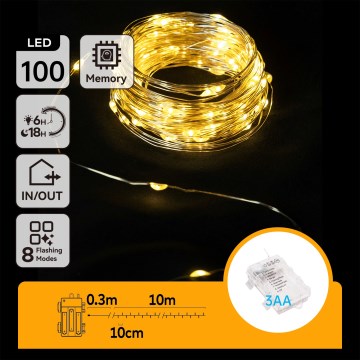 Aigostar -LED Уличная рождественская гирлянда 100xLED/8 функций 3xAA 10,3m IP44 тёплая белая