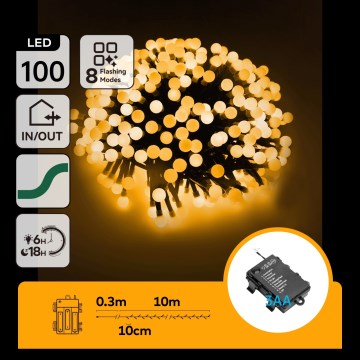 Aigostar - LED уличная рождественская гирлянда 100xLED/8 режимов 3xAA 10,3m IP44 тёплый белый