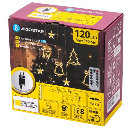 Aigostar - LED уличная рождественская гирлянда 120 светодиодов / 8 режимов 3×0,6 м IP44 тёплый белый + дистанционное управление