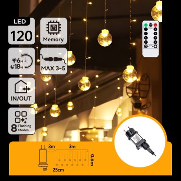 Aigostar - LED уличная рождественская гирлянда 120xLED/8 функций 3x0,6m IP44 тёплый белый + пульт дистанционного управления