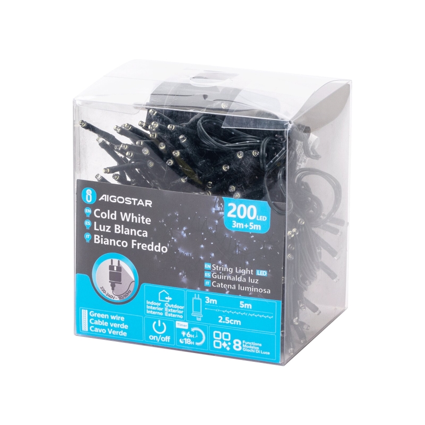 Aigostar - LED уличная рождественская гирлянда 200xLED/8 функций 8m IP44 холодный белый