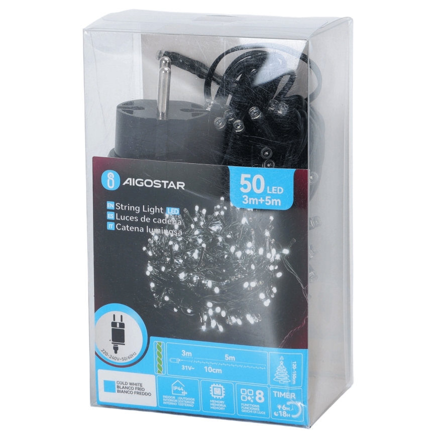 Aigostar - LED уличная рождественская гирлянда 50 LED/8 режимов 8 м IP44 холодный белый