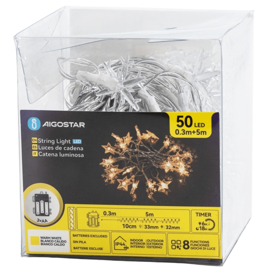Aigostar - LED уличная гирлянда 50xLED/8 функций, 3xAA, 5m, IP44, тёплый белый, в форме звёзд