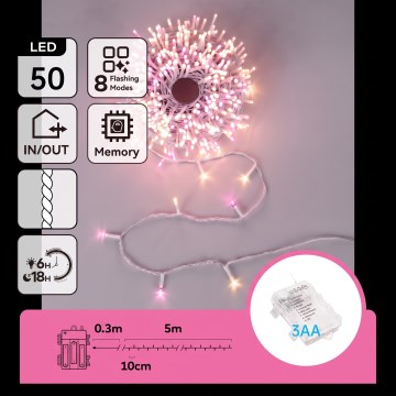 Aigostar - LED Уличная рождественская гирлянда 50xLED/8 режимов 3xAA 5,3 м IP44 розовый/тёплый белый