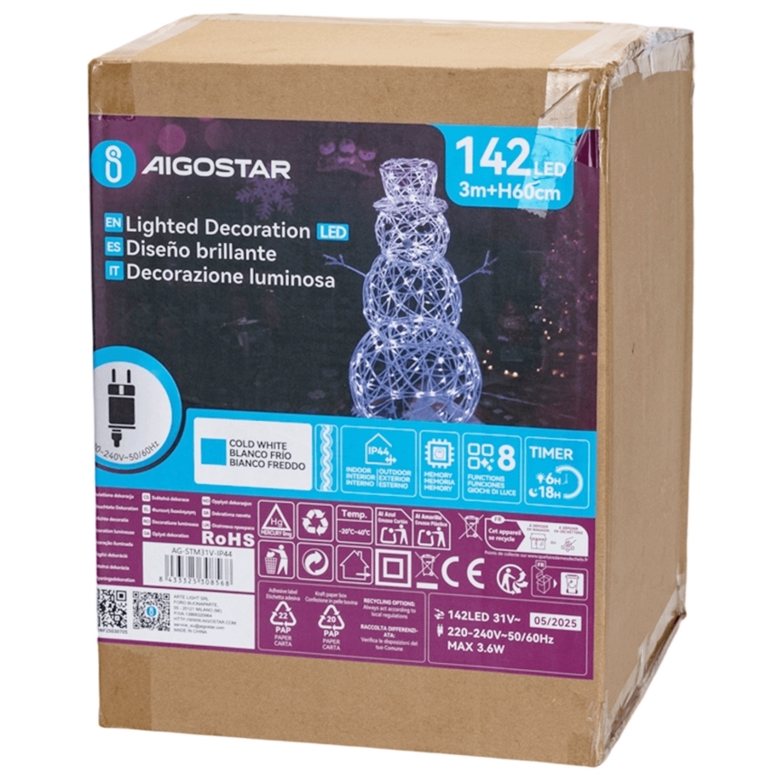 Aigostar - Уличная рождественская LED-декорация «Снеговик», 3,6 Вт, 31 светодиод, 230 В, 6500 К, 60 см, IP44