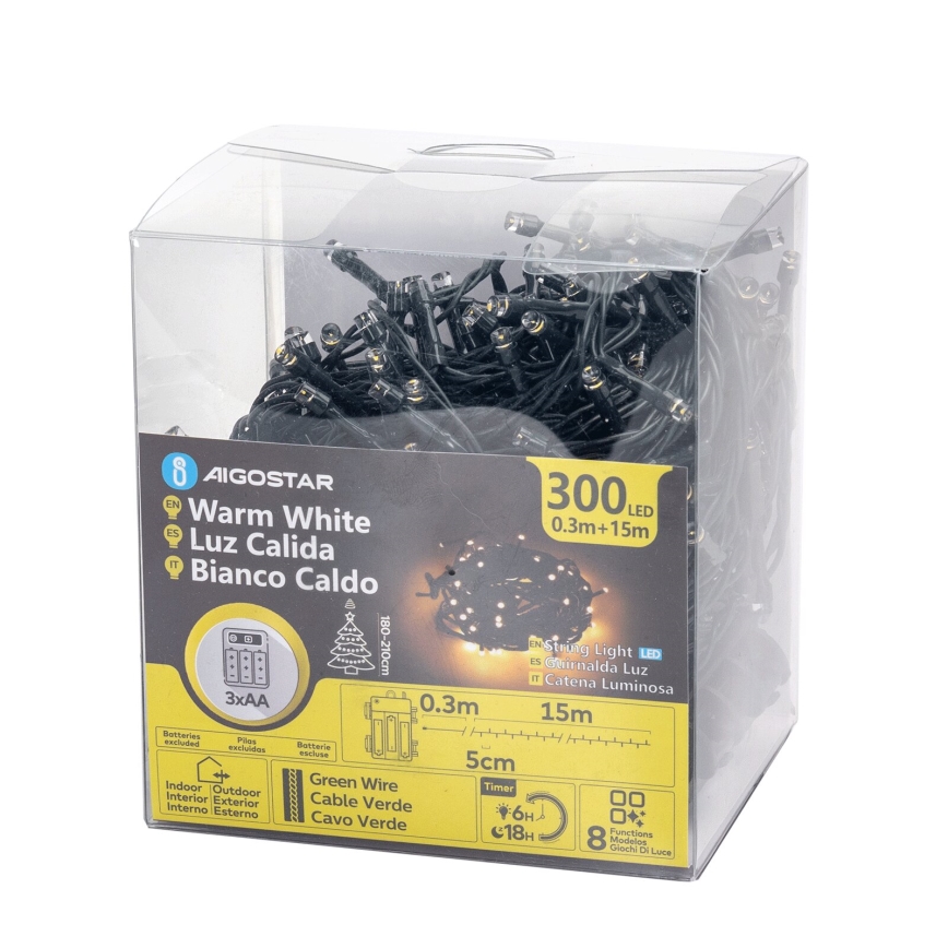 Aigostar-LED Наружная рождественская гирлянда 300xLED/8 функций 3xAA 15,3 м IP44 теплый белый