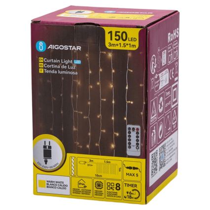 Aigostar - LED уличная рождественская гирлянда 150xLED/6W/230V/8 режимов 1,5x1m IP44 тёплый белый + пульт дистанционного управления