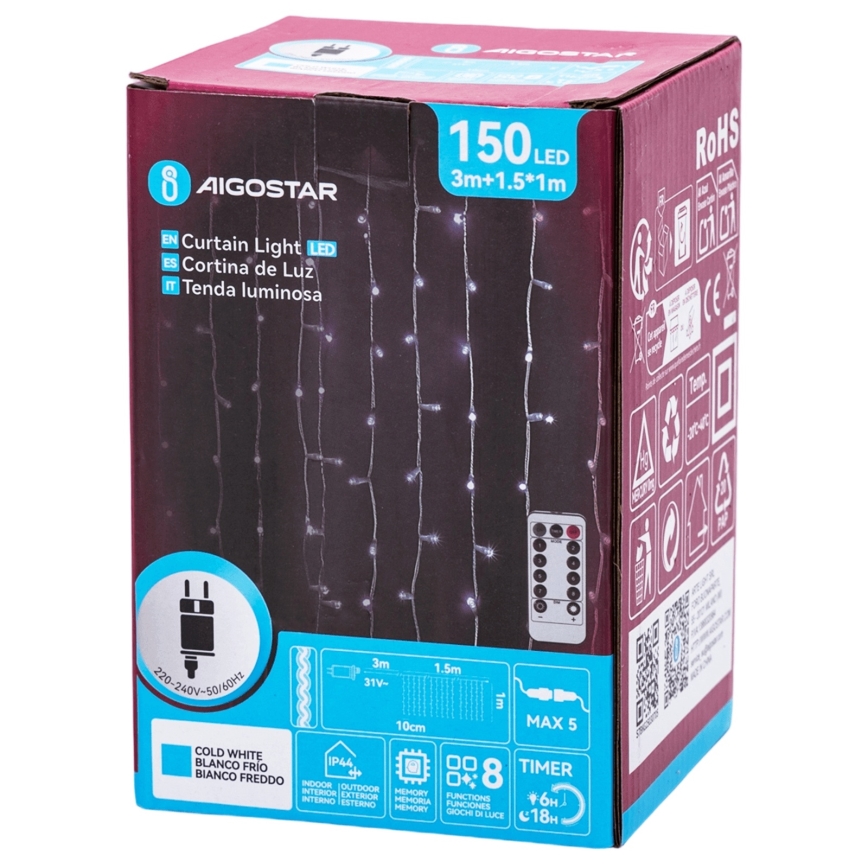 Aigostar - Светодиодная уличная рождественская гирлянда 150xLED/6W/230V/8 режимов 1,5x1m IP44 холодный белый + пульт дистанционного управления