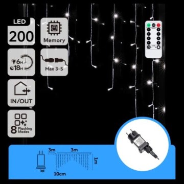 Aigostar - LED уличная рождественская гирлянда 200xLED/6W/230V/8 режимов 3x1m IP44 холодный белый + пульт дистанционного управления