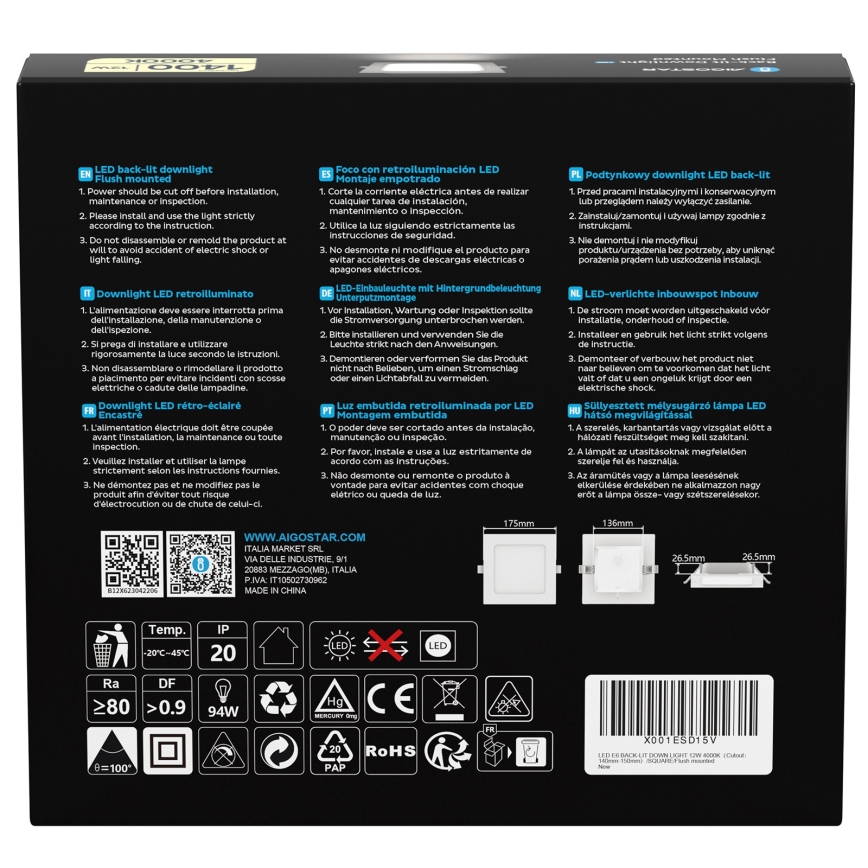 Aigostar - LED Вбудоване світильник LED/12W/230V 4000K 17,5x17,5 см білий