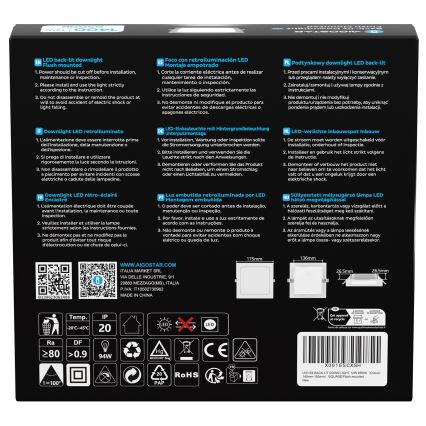Aigostar - LED вбудований стельовий світильник LED/12W/230V 6500K 17,5x17,5 cm білий