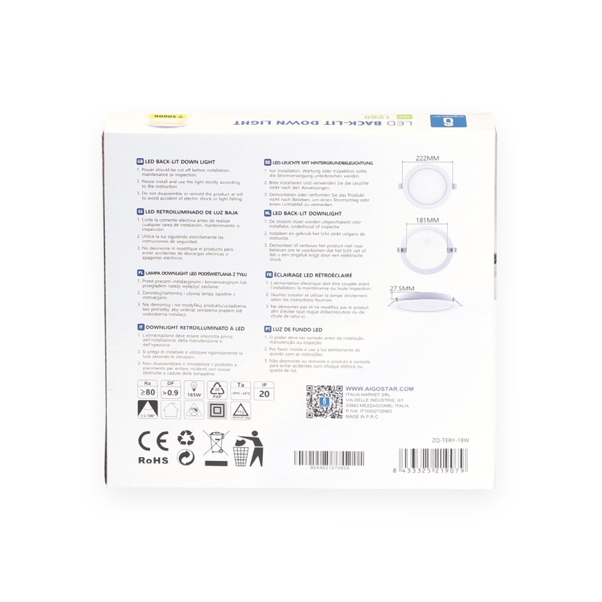 Aigostar - LED встраиваемый потолочный светильник LED/18 Вт/230 В 3000 К диам. 22,2 см белый