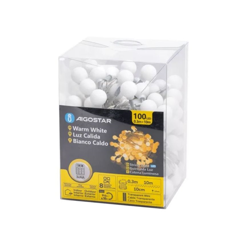 Aigostar - зовнішня LED різдвяна гірлянда 100xLED/3xAA/8 функцій 10,3 m IP44 теплий білий