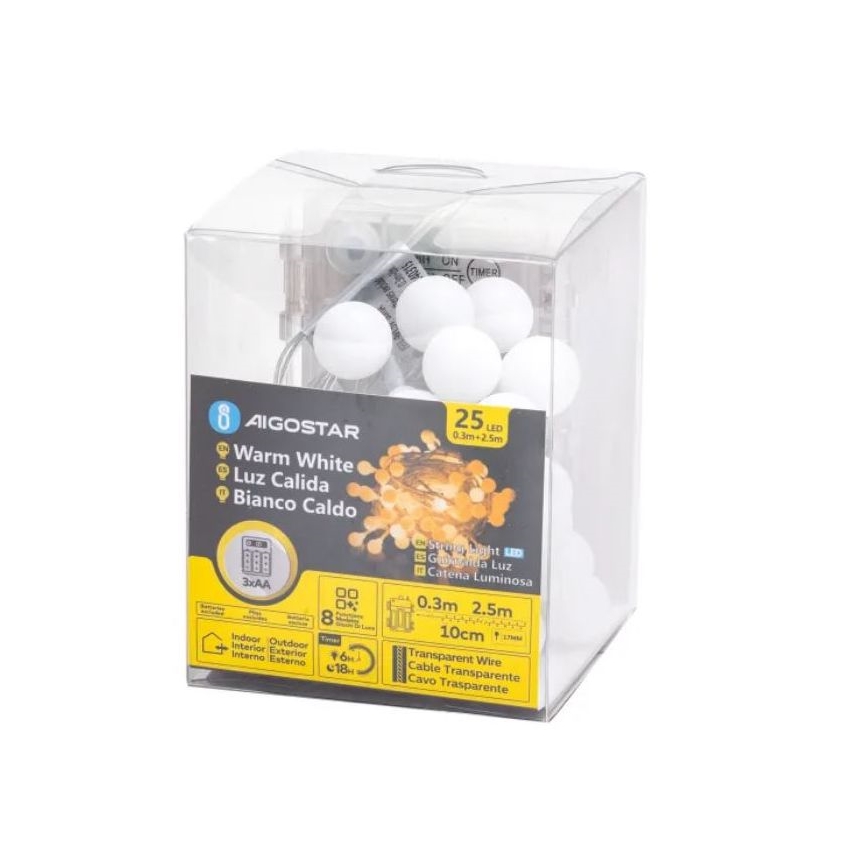 Aigostar-LED Вулична гірлянда 25xLED/3xAA/8 функцій 2,8 m IP44 тепле біле