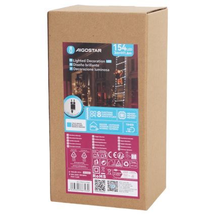 Aigostar - зовнішня різдвяна LED-гірлянда 154xLED/8 функцій 1,6 м IP44 холодне біле світло