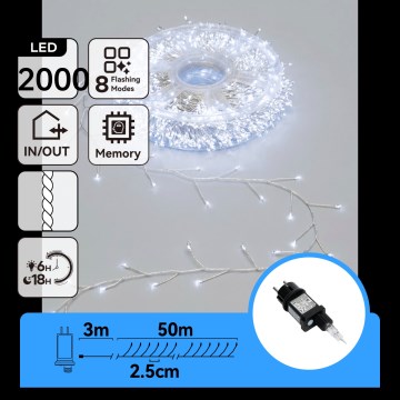 Aigostar - LED Вулична різдвяна гірлянда 2000xLED/8 функцій 53m IP44 холодне біле світло