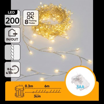 Aigostar - LED вулична різдвяна гірлянда 200xLED/8 функцій 3xAA 6,3 м IP44 теплий білий