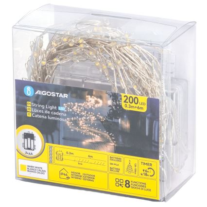 Aigostar - LED вулична різдвяна гірлянда 200xLED/8 функцій 3xAA 6,3 м IP44 теплий білий