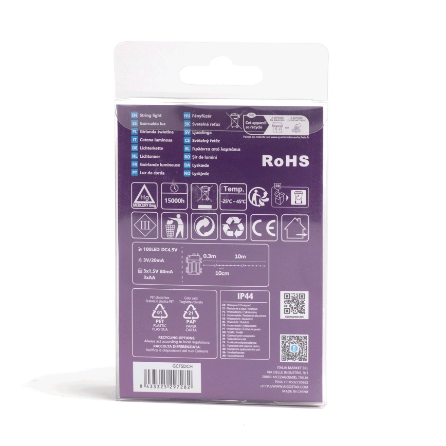 Aigostar - LED зовнішній різдвяний гірлянд 100xLED/8 функцій/3xAA10,3м IP44 мультиколор