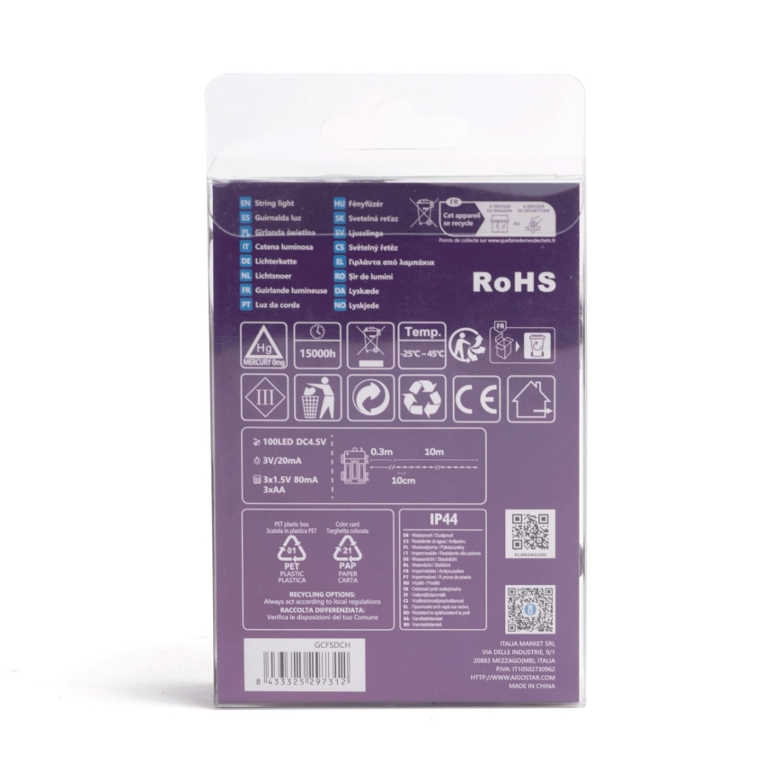 Aigostar - LED зовнішній різдвяний гірлянд 100xLED/8 функцій 3xAA 10,3м IP44 тепле біле світло