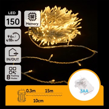 Aigostar - LED Вуличний різдвяний гірлянд 150xLED/8 функцій 3xAA 15,3м IP44 тепле біле світло