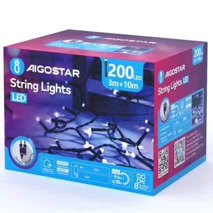 Aigostar - LED зовнішній різдвяний гірлянд 200xLED/8 функцій 13м IP44 холодний білий