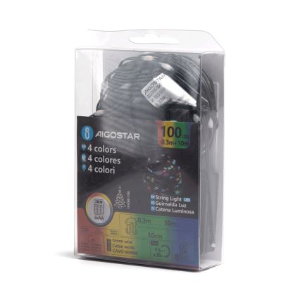 Aigostar-LED Зовнішній різдвяний гірлянд 100xLED/8 функцій 3xAA 10,3м IP44 багатокольоровий