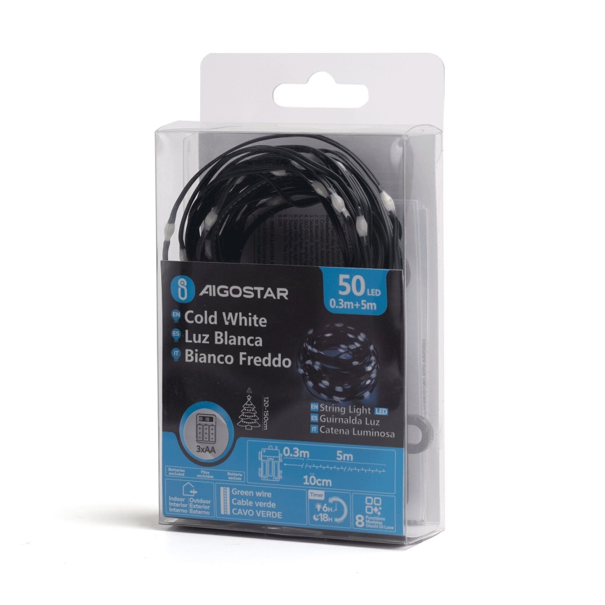 Aigostar - LED Зовнішній різдвяний гірлянд 50xLED/8 функцій 3xAA 5,3м IP44 холодне біле світло