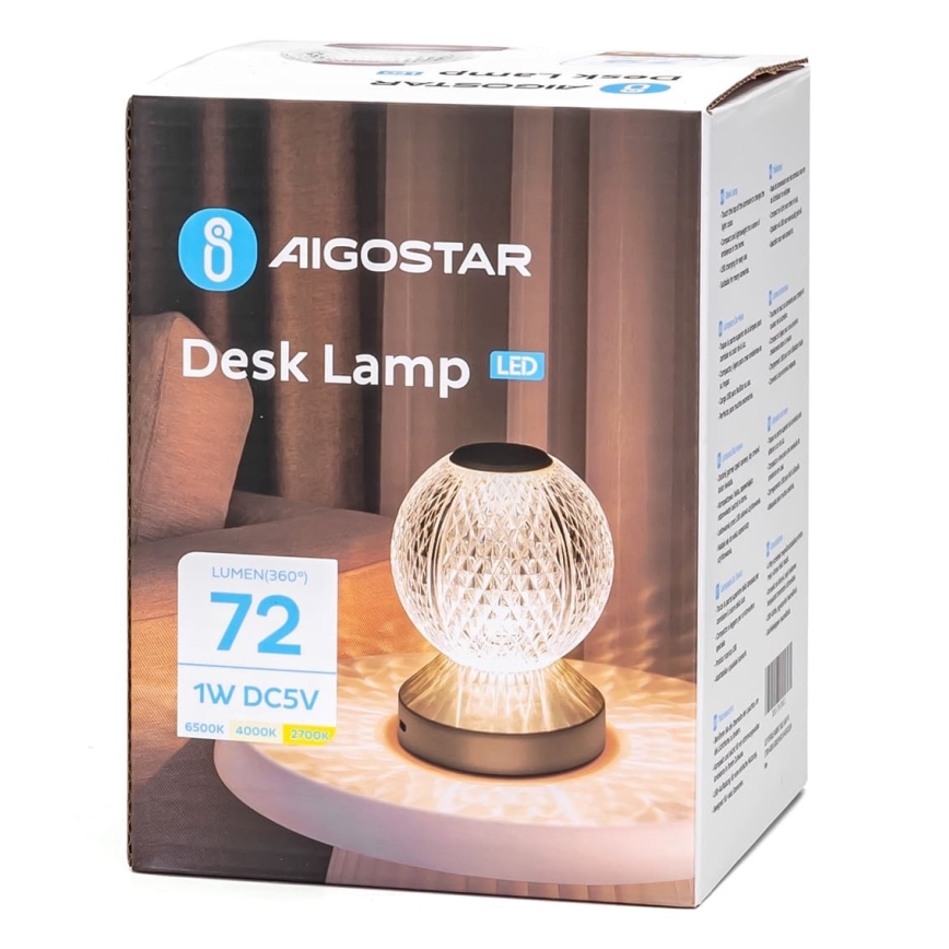 Aigostar - LED Настільна акумуляторна лампа з регулюванням яскравості LED/1W/5V 2700/4000/6500K 1800mAh 13,5 см