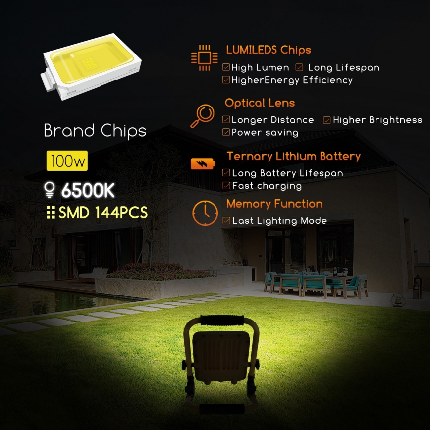 Aigostar - LED з регулюванням яскравості акумуляторна прожектор LED/100W/5V 6500K IP65 1500mAh