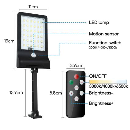 Aigostar - LED з регулюванням яскравості сонячна лампа з датчиком LED/2,3W/5,5V IP65 1800 mAh + пульт дистанційного керування