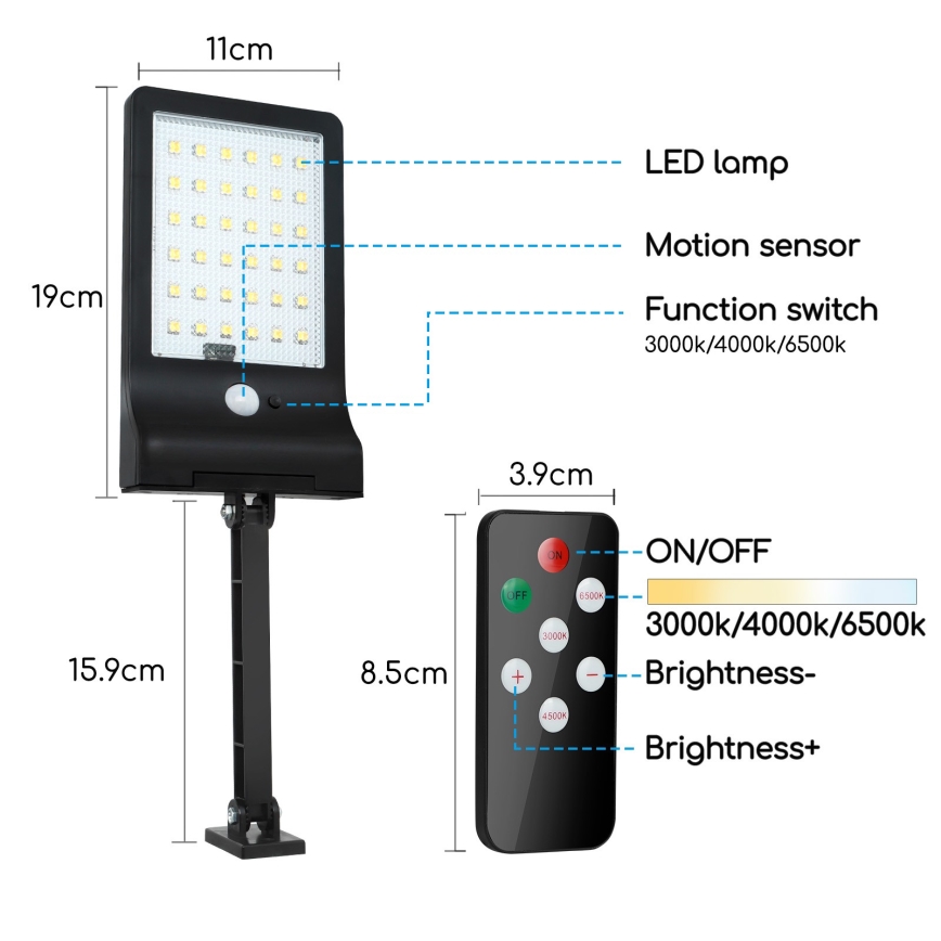 Aigostar - LED з регулюванням яскравості сонячна лампа з датчиком LED/2,3W/5,5V IP65 1800 mAh + пульт дистанційного керування