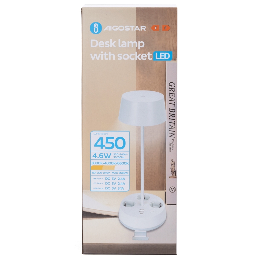 Aigostar - регульована LED настільна лампа з розетками та USB-портом LED/4,6W/230V 3000/4000/6500K біла