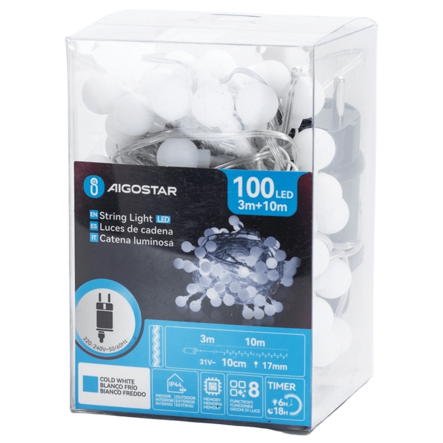 Aigostar - LED зовнішня декоративна гірлянда, 100 світлодіодів / 8 функцій, 10 м, IP44, холодне біле світло