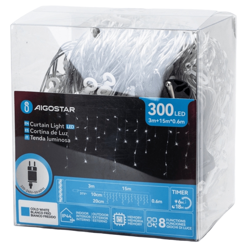 Aigostar - зовнішня декоративна LED гірлянда 300xLED/6W/230V 15x0,6m IP44 холодне біле світло