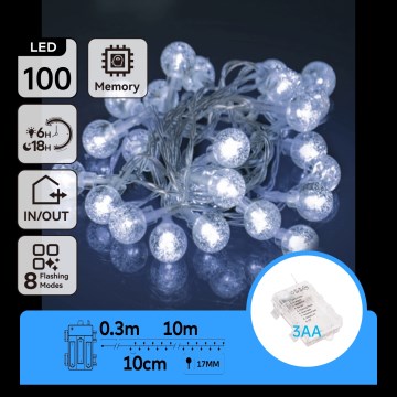 Aigostar - LED зовнішня гірлянда 100xLED/3xAA/8 функцій 10,3 m IP44 холодне біле світло