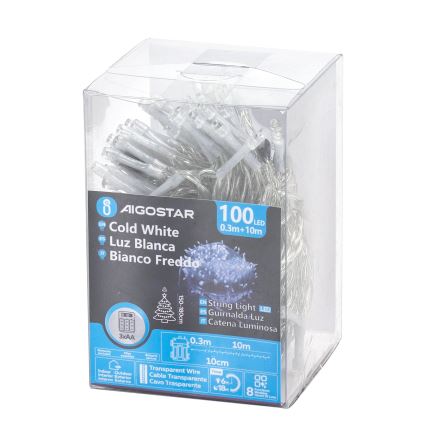 Aigostar - зовнішня LED-гірлянда 100xLED/8 функцій/3xAA 10,3m IP44 холодно-білий