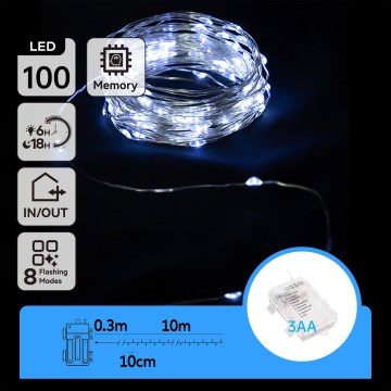 Aigostar - LED зовнішня гірлянда 100xLED/8 режимів/3xAA 10,3m IP44 холодне біле світло