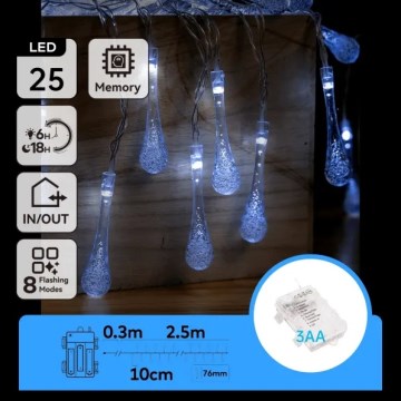 Aigostar - LED зовнішня гірлянда, 25 світлодіодів / 8 режимів, 3xAA, 2,5 м, IP44, холодне біле світло, у формі крапель