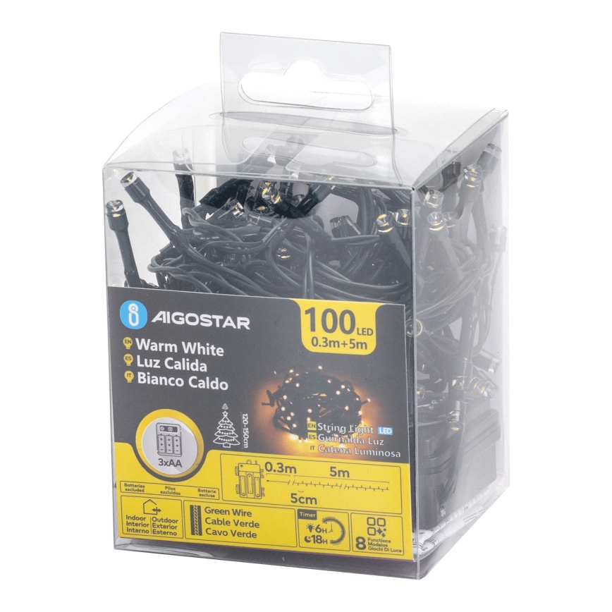 Aigostar - LED зовнішня різдвяна гірлянда 100xLED/8 режимів 3xAA 5,3 m IP44 тепле біле світло
