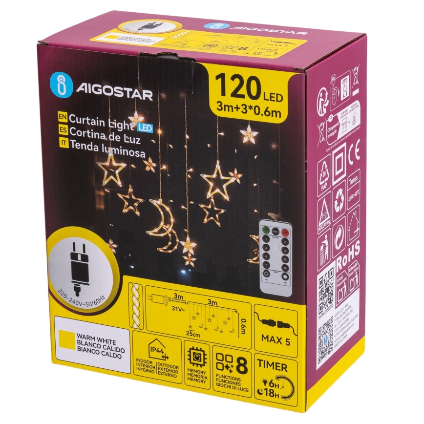 Aigostar - зовнішня LED-різдвяна гірлянда 120xLED/6W/230V/8 функцій 3x0,6m IP44 теплий білий + пульт дистанційного керування
